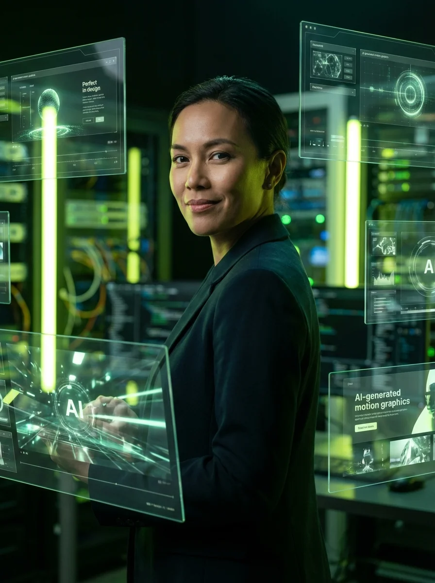 A professional creator surrounded by high-end AI cinematic visualizations