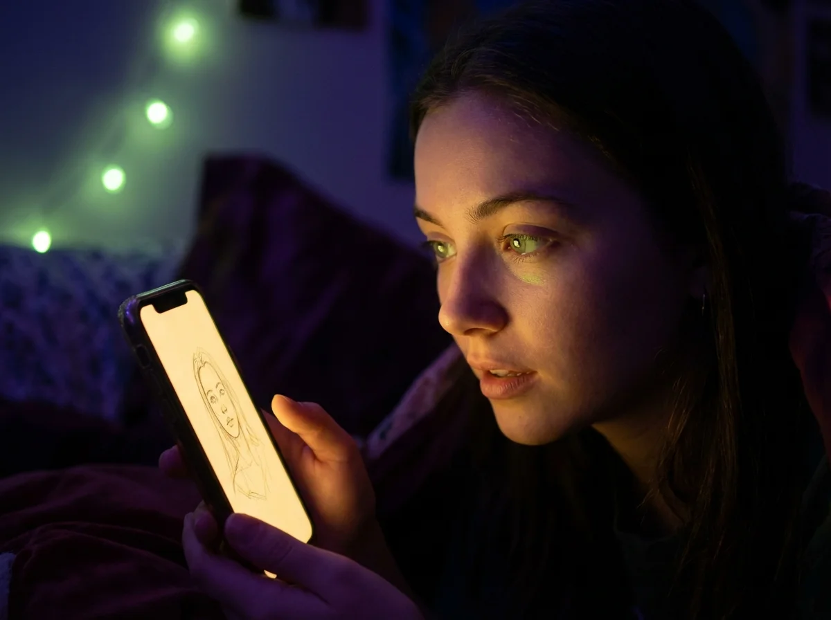 A user looking in awe at her digital soulmate sketch on her phone