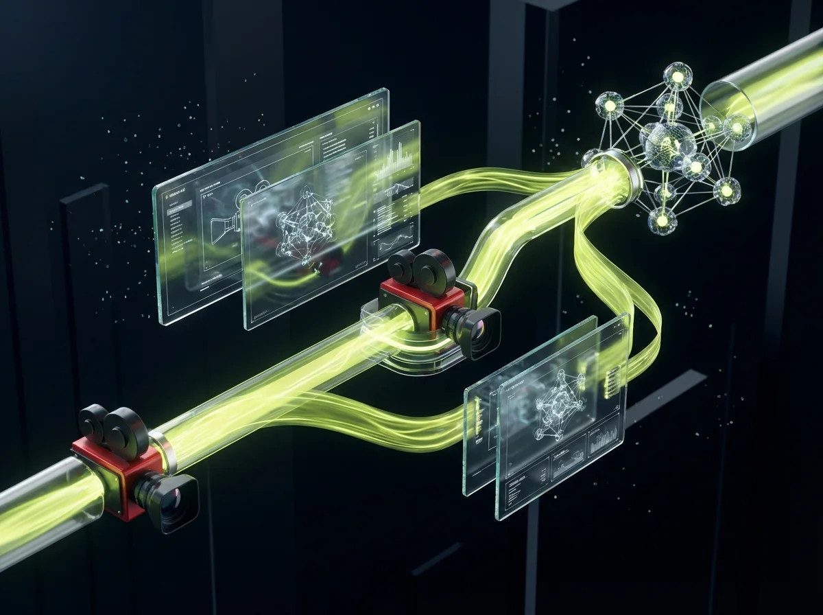 A futuristic visualization of the AI video production system workflow.