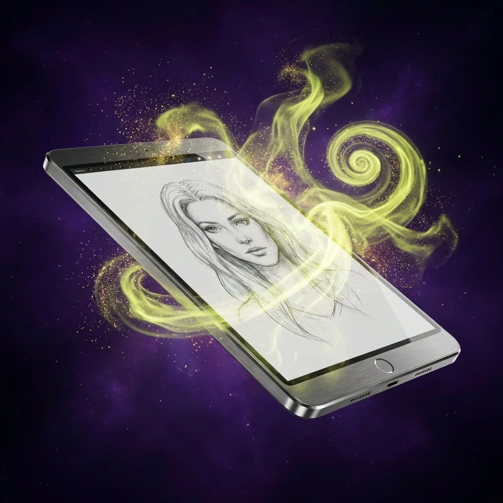 A digital tablet showing a beautiful pencil sketch of a soulmate with mystical energy effects.