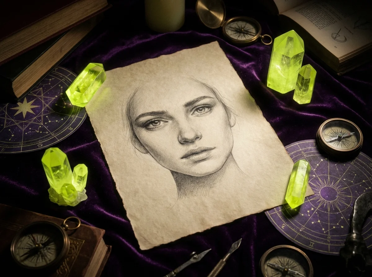 A high-quality pencil sketch of a future partner surrounded by mystical astrological elements.