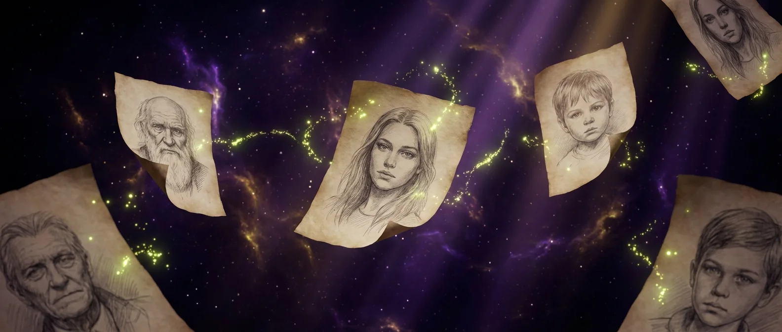 A collection of various detailed soulmate sketches floating in a cosmic space