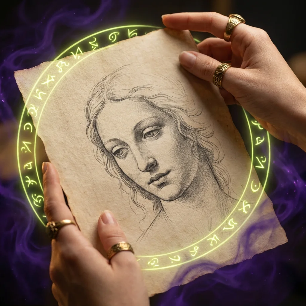 A detailed pencil sketch of a future partner glowing with mystical astrological energy.