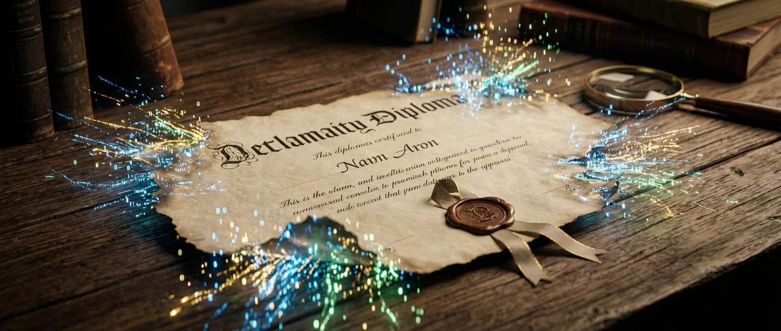 A hyper-realistic cinematic close-up of a traditional paper diploma dissolving into glowing digital particles