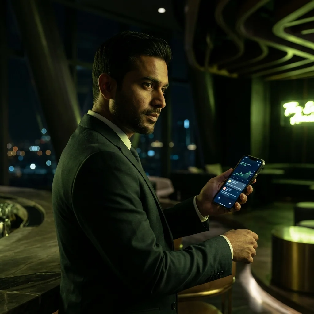 Confident man using the Flirt Like Pro guide on his phone with premium lighting