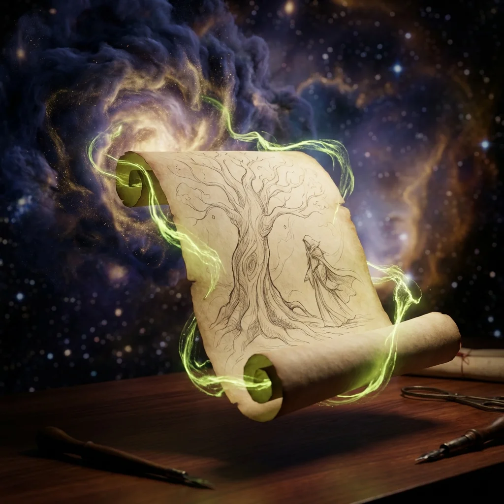 A mystical pencil sketch of a face emerging from a cosmic purple and gold nebula with glowing green accents