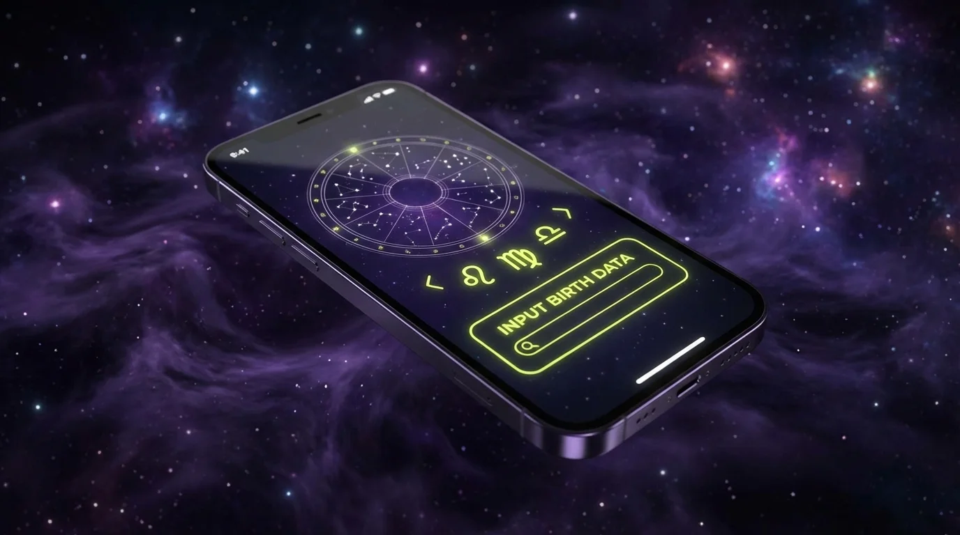 A glowing digital interface for entering astrological birth details.